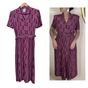 Vintage 90s Dress Pink Floral Pleated Shirtdress Fancy Gold Details Size 8
